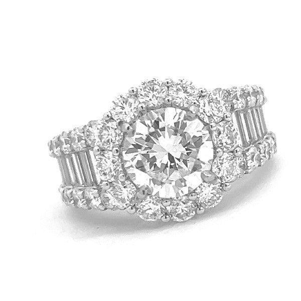 18K White Gold Round Halo Side Stone Diamond Engagement Ring