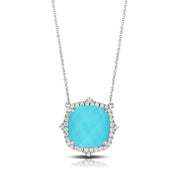 18K White Gold Necklace With Clear Quartz Over Turquoise