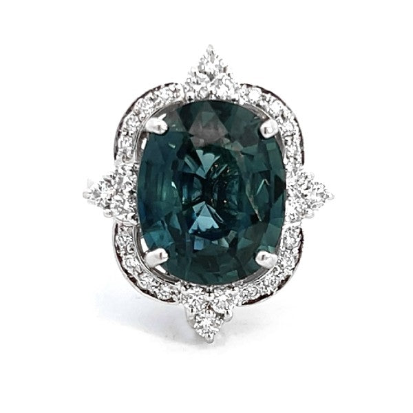 18K White Gold Untreated Oval Sapphire and Diamond Cocktail Ring - ESTATE