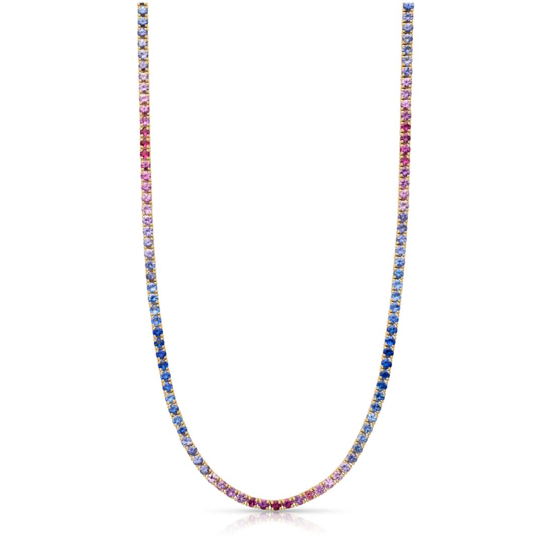 14K Yellow Gold Blue and Pink Sapphire Tennis Necklace