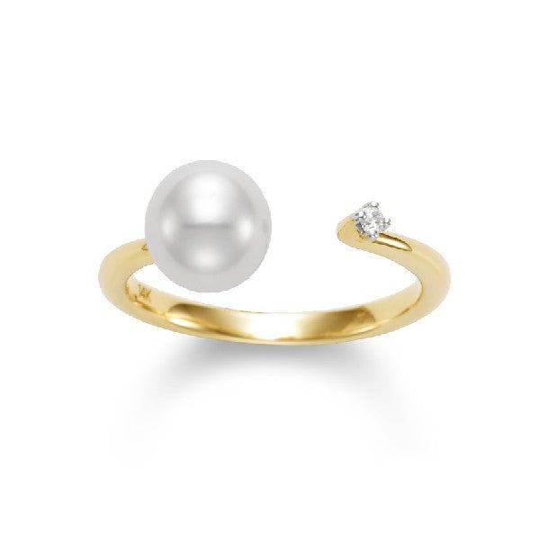 14K Yellow Gold 7-7.5mm White Freshwater Pearl and Diamond Ring