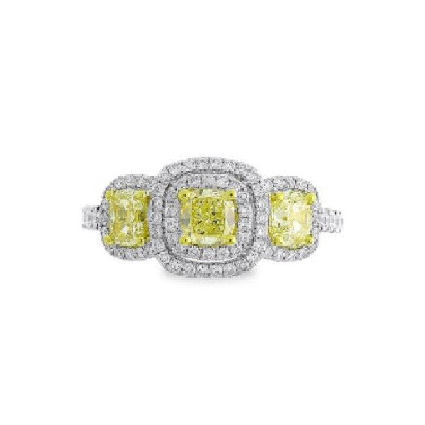 18K White Gold Cushion Cut Yellow Diamond 3-Stone Halo Ring