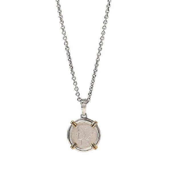 JOHN VARVATOS  Framed Mercury Dime Coin Brass/Sterling Silver Vintage Pendant Necklace