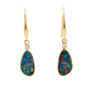 14K Yellow Gold Dangle Australian Doublet Opal Earrings with Diamonds