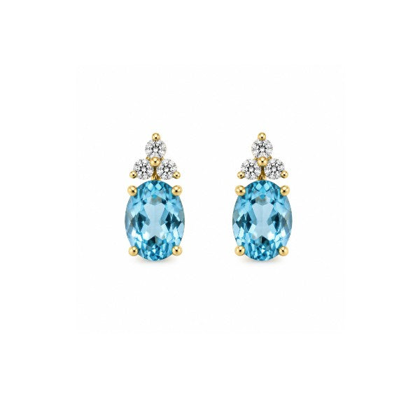 14K Yellow Gold Oval Blue Topaz and Diamond Stud Earrings