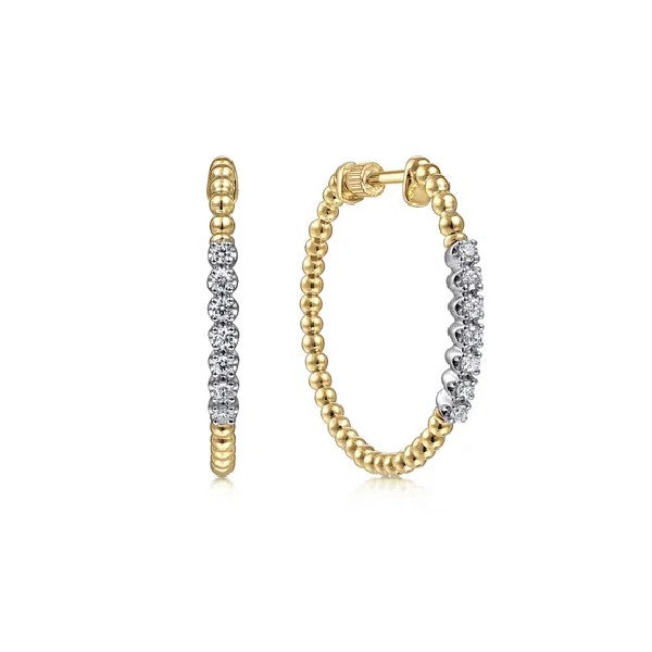 14K Yellow Gold 30mm Beaded Diamond Classic Hoop Earrings