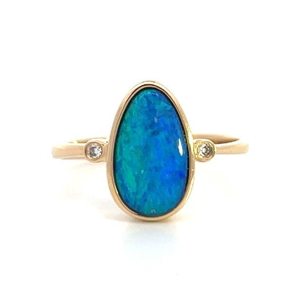 14K Yellow Gold Australia Doublet Opal and Diamond Ring