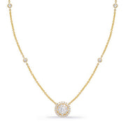 14K Yellow Gold Diamond Halo Cluster Neckalce