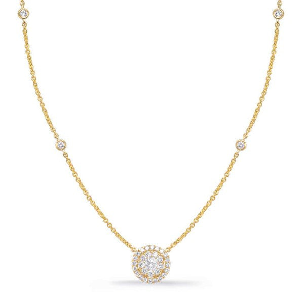 14K Yellow Gold Diamond Halo Cluster Neckalce