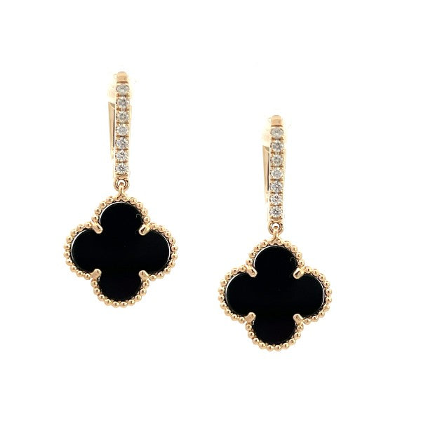 14K Yellow Gold Clover Black Onyx and Diamond Earrings