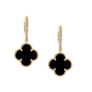 14K Yellow Gold Clover Black Onyx and Diamond Earrings
