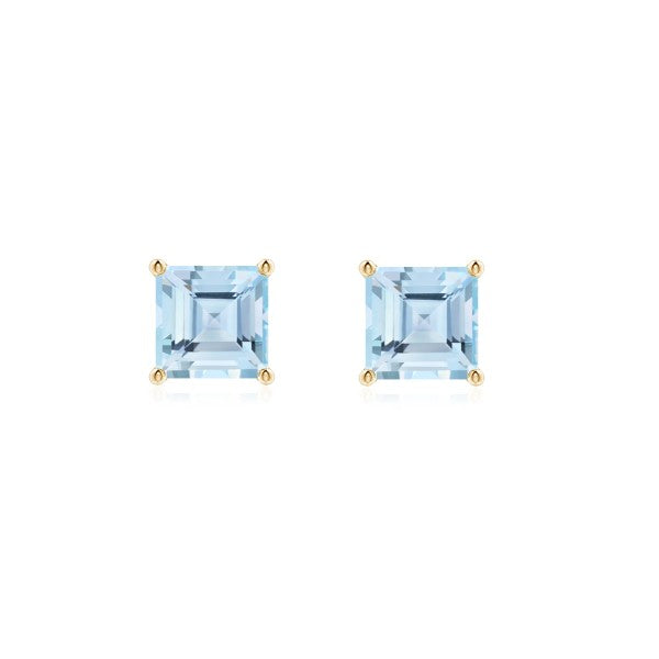 14K Yellow Gold Princess Cut Aquamarine Stud Earrings