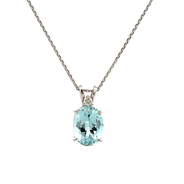 14K White Gold Oval Swiss Blue Topaz and Diamond Pendant