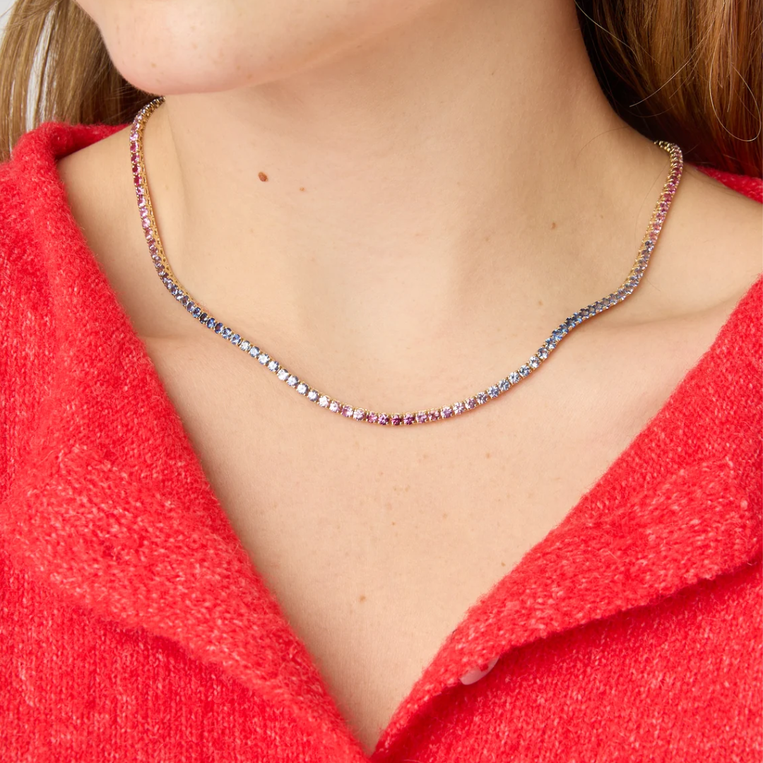 14K Yellow Gold Blue and Pink Sapphire Tennis Necklace