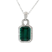 14K White Gold Emerald Cut Green Tourmaline and Diamond Halo Pendant