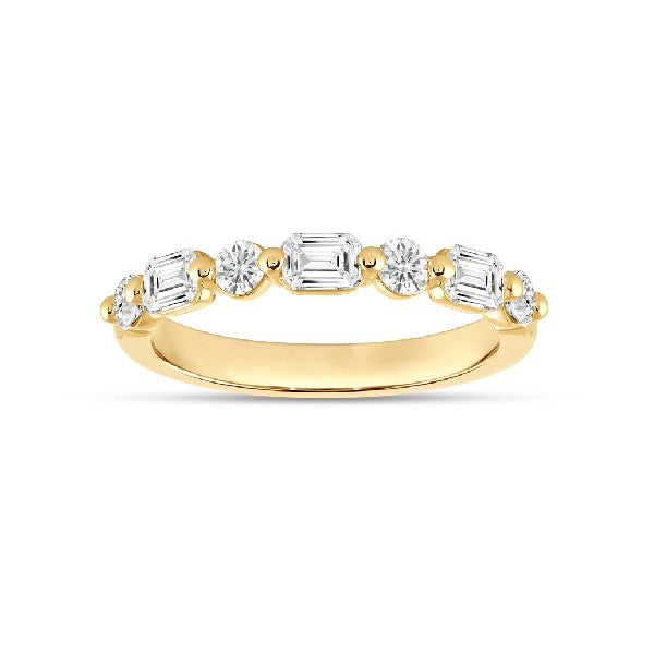 14K Yellow Gold Alternating Emerald and Round Diamond Band