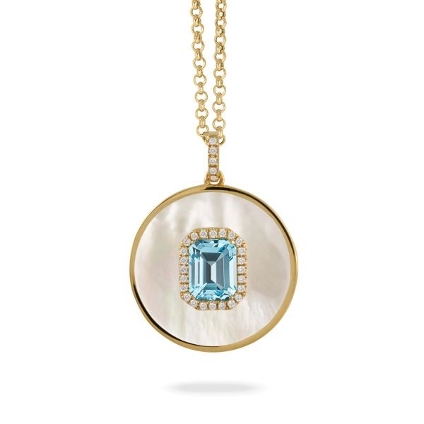 18K Yellow Gold Blue Topaz and Mother of Pearl Medallion