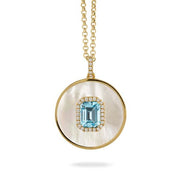 18K Yellow Gold Blue Topaz and Mother of Pearl Medallion