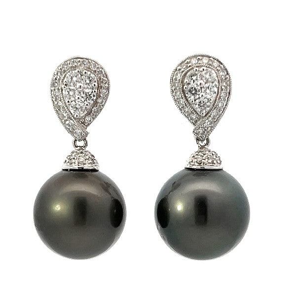 18K White Gold Tahitian Pearl and Diamond Earrings