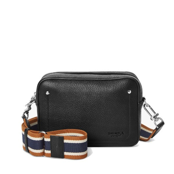 SHINOLA Natural Grain Black Leather Camera Crossbody Bag With Webbing Strap