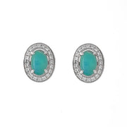 14K White Gold Oval Opal and Diamond Halo Stud Earrings