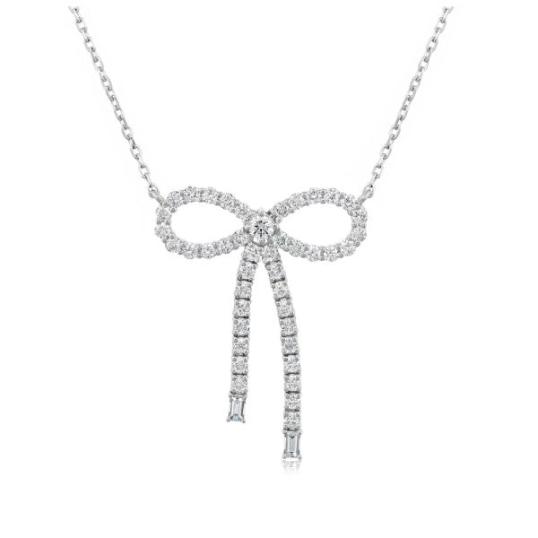 14K White Gold Diamond Bow Pendant Necklace