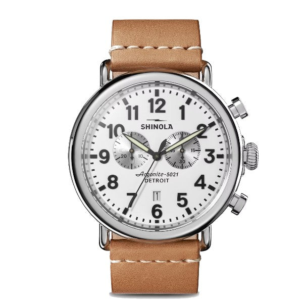 SHINOLA The Runwell Chrono Two-Eye 47mm Watch White Dial, Tan Leather Strap