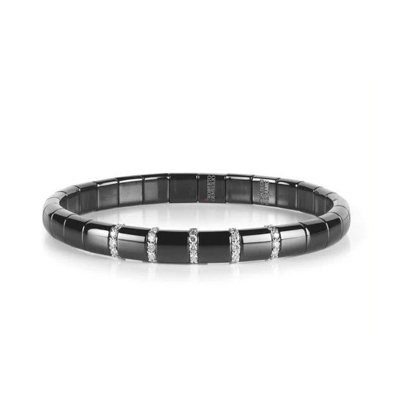 DEMEGLIO 18K White Gold and Polished Black Ceramic 5-Bar Diamond Station Stretchable Bracelet