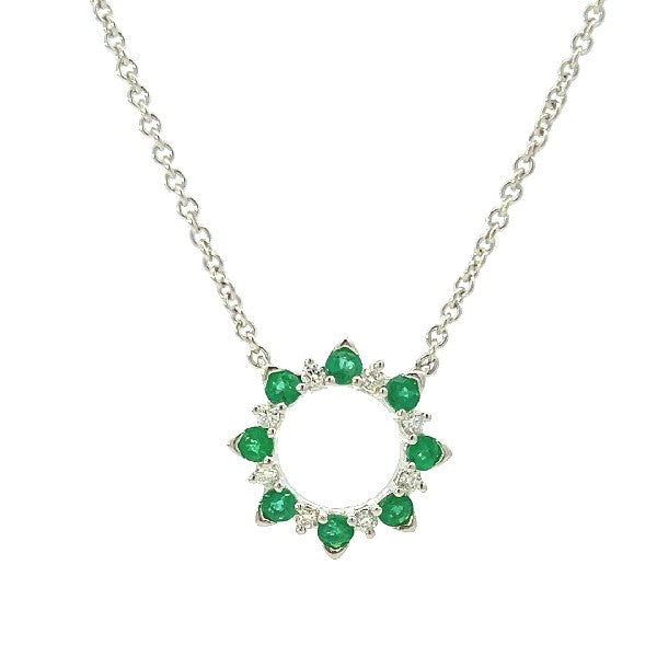 14K White Gold Open Circle Emerald and Diamond Necklace