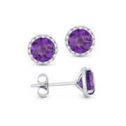 14K White Gold Amethyst and Diamond Halo Earrings