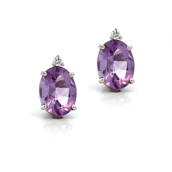 14K White Gold Oval Amethyst Stud Earrings with Diamonds