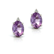 14K White Gold Oval Amethyst Stud Earrings with Diamonds