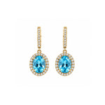 Load image into Gallery viewer, 14K Yellow Gold Drop Blue Topaz and Diamond Halo Earrings