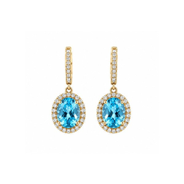 14K Yellow Gold Drop Blue Topaz and Diamond Halo Earrings