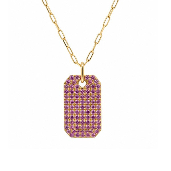 14K Yellow Gold Pink Sapphire Dog Tag Necklace