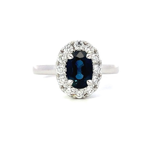 18K White Gold Oval Sapphire and Diamond Halo Ring