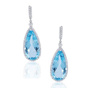 14K White Gold Drop Diamond Halo Earrings with Pear Cut Blue Topaz