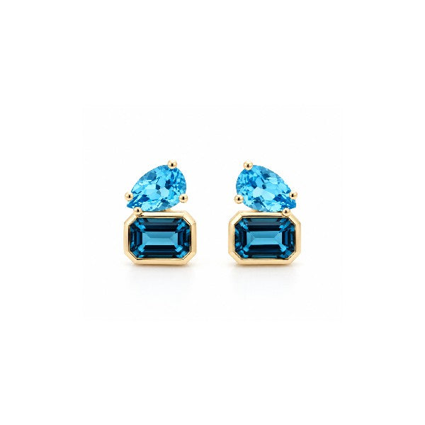 14K Yellow Gold Toi Et Moi London Blue and Swiss Blue Topaz Earrings