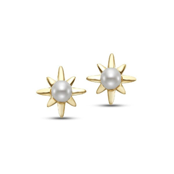 14K Yellow Gold Freshwater Pearl Starburst Stud Earrings