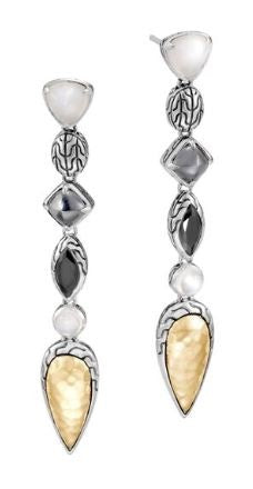Silver Gold Black Moon Stone with Pearl Tiered Drop Earrings