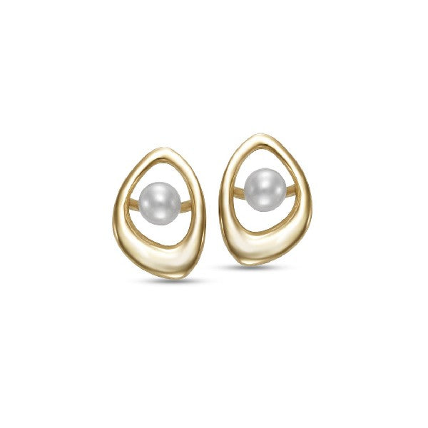 14K Yellow Gold Free Form Frame Stud Pearl Earrings