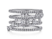14K White Gold Five Row Pave Ring with Cluster Diamond Accent