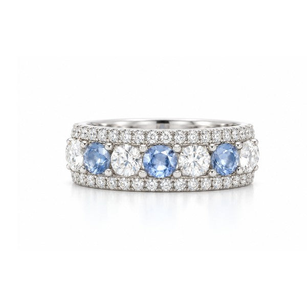 18K WHITE GOLD ROSE CUT DIAMOND AND SAPPHIRE RING