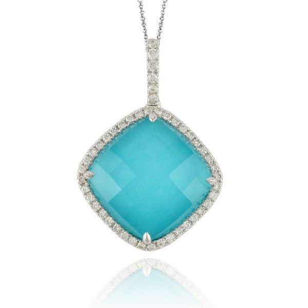 18K White Gold Pendant With Clear Quartz Over Turquoise