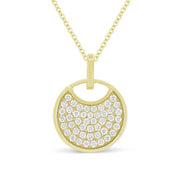 14K Yellow Gold Pave Diamond Circle Disc Necklace