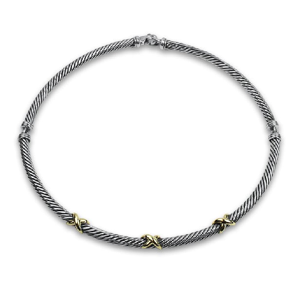 ESTATE David Yurman Silver & 14K Yellow Gold Classic Cable Hinged X Station Necklace