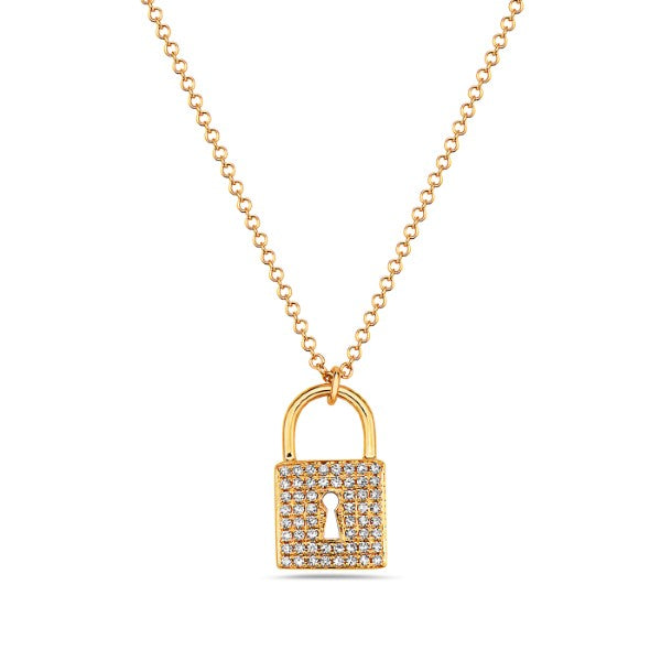 14K Yellow Gold DIamond Pad Lock Pendant Necklace