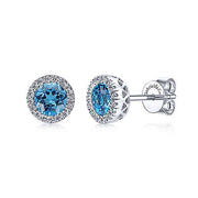 14K White Gold Blue Topaz and Diamond Halo Earrings