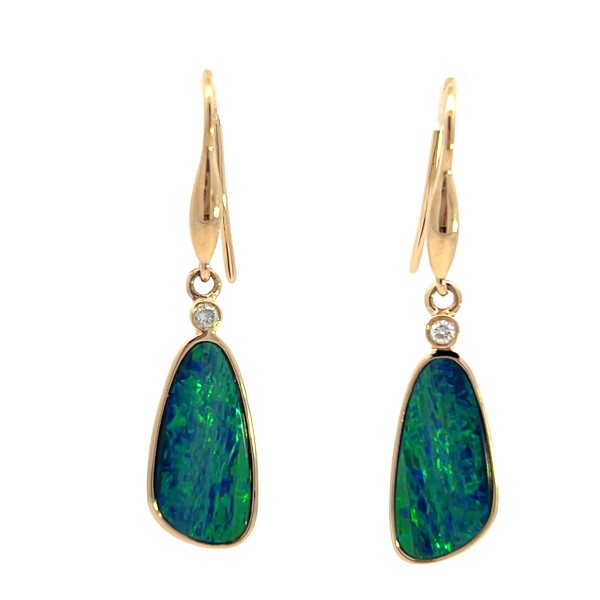 14K Yellow Gold Dangle Australian Andamooka Doublet Opals and Diamond Earrings