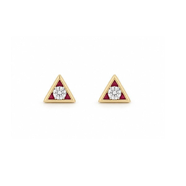 ESTATE 18K Yellow Gold Diamond and Ruby Triangle Earrings